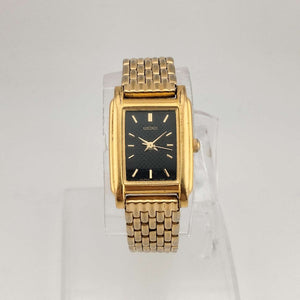 Seiko Women's Gold Tone Watch, Black Rectangular Dial, Thick Bezel Detail, Bracelet Strap