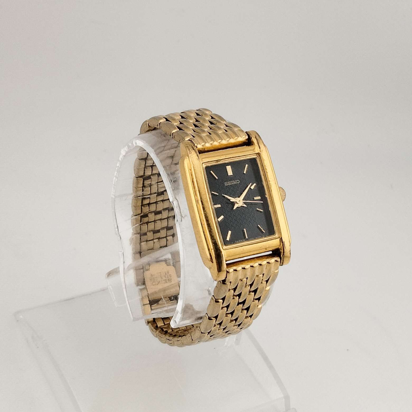 Seiko Women's Gold Tone Watch, Black Rectangular Dial, Thick Bezel Detail, Bracelet Strap