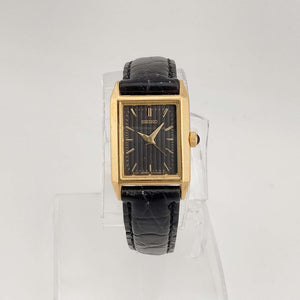 Seiko Unisex Gold Tone Watch, Black Rectangle Dial, Black Calf Strap