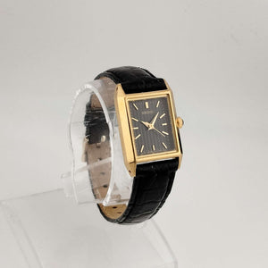 Seiko Unisex Gold Tone Watch, Black Rectangle Dial, Black Calf Strap