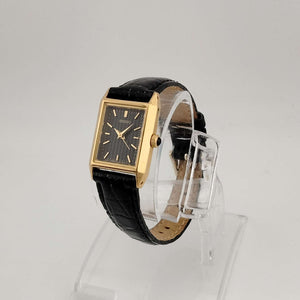 Seiko Unisex Gold Tone Watch, Black Rectangle Dial, Black Calf Strap