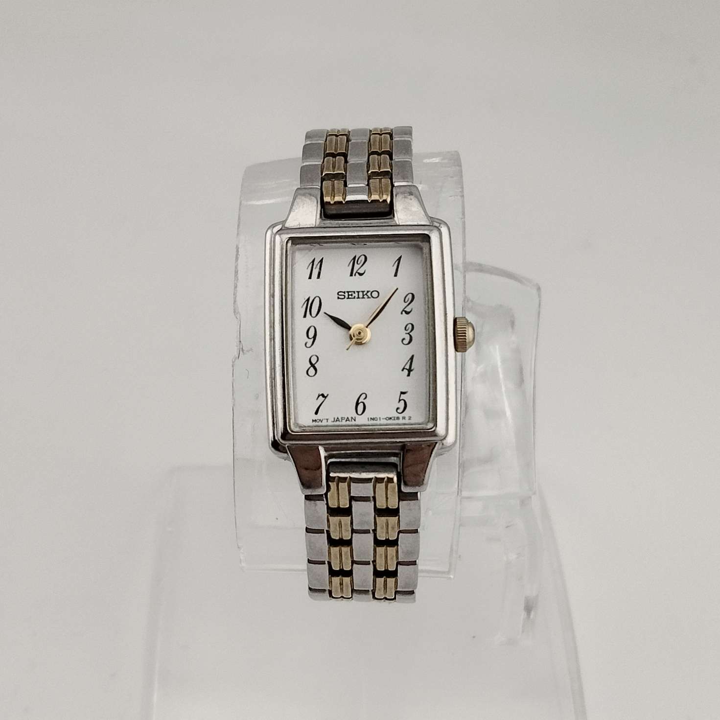 Seiko Women's Silver Tone Watch, Gold Tone Details, White Rectangular Dial, Bracelet Strap