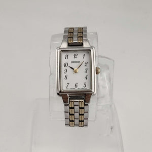 Seiko Women's Silver Tone Watch, Gold Tone Details, White Rectangular Dial, Bracelet Strap