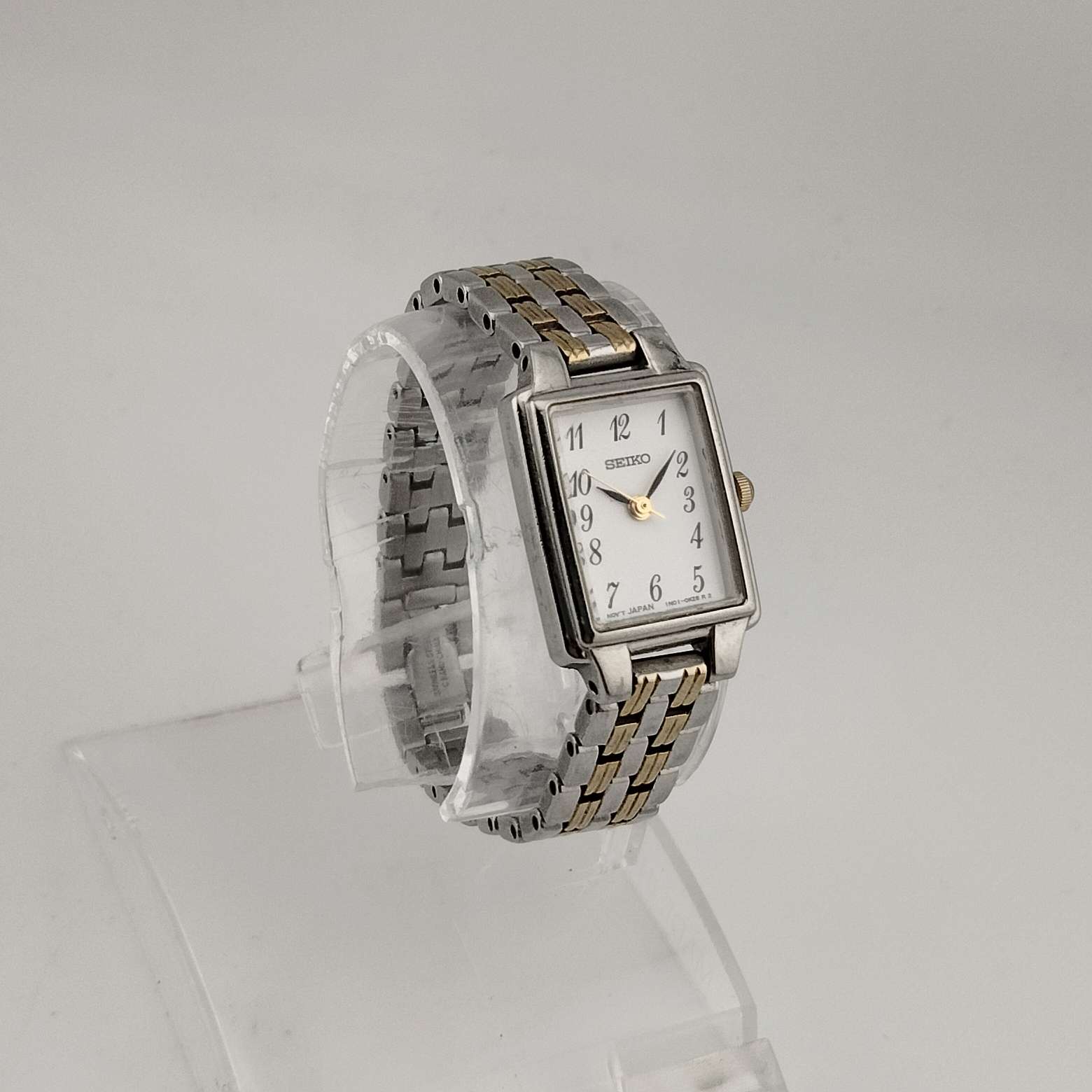 Seiko Women's Silver Tone Watch, Gold Tone Details, White Rectangular Dial, Bracelet Strap