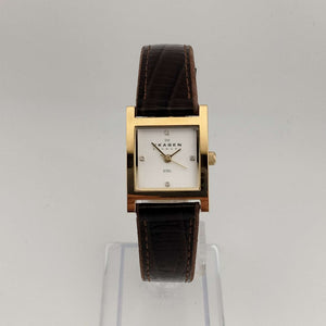 Skagen Unisex Gold Tone Watch, White Square Dial, Jewel Details, Genuine Brown Leather Strap