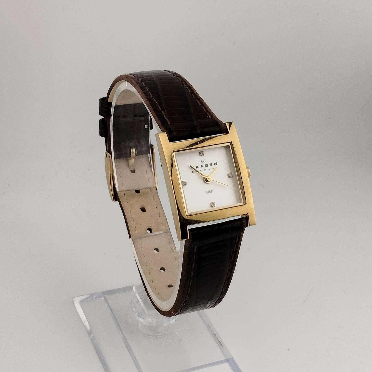 Skagen Unisex Gold Tone Watch, White Square Dial, Jewel Details, Genuine Brown Leather Strap