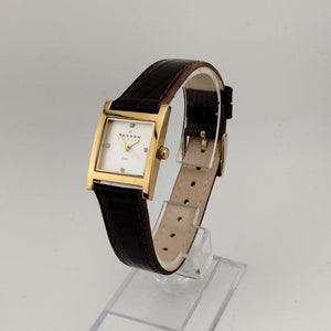 Skagen Unisex Gold Tone Watch, White Square Dial, Jewel Details, Genuine Brown Leather Strap