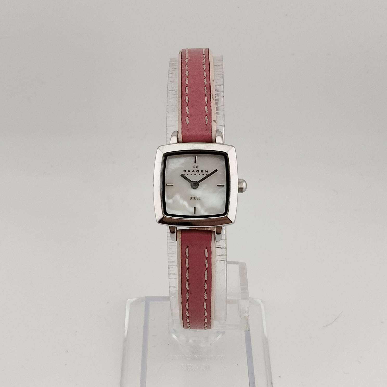 Skagen Women's Petite Silver Tone Watch, Square Mother of Pearl Dial, Genuine Pink Leather Strap