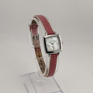 Skagen Women's Petite Silver Tone Watch, Square Mother of Pearl Dial, Genuine Pink Leather Strap