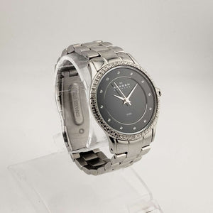 Skagen Women's Silver Tone Watch, Round Black Dial, Jewel Bezel Detail, Bracelet Strap