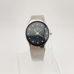 Skagen Unisex Silver Tone Watch, Round Black Dial, Jewel Markers, Adjustable Mesh Strap