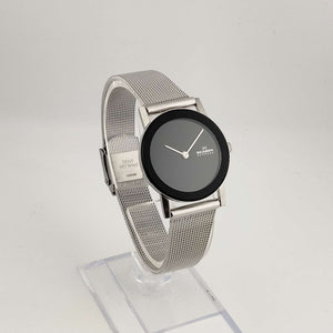 Skagen Unisex Silver Tone Quartz Watch, Round Black Minimalist Dial, Mesh Strap