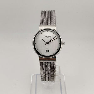 Skagen Women's All Silver Tone Watch, Minimal Round Face, Date Window, Mesh Strap