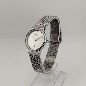 Skagen Women's All Silver Tone Watch, Minimal Round Face, Date Window, Mesh Strap