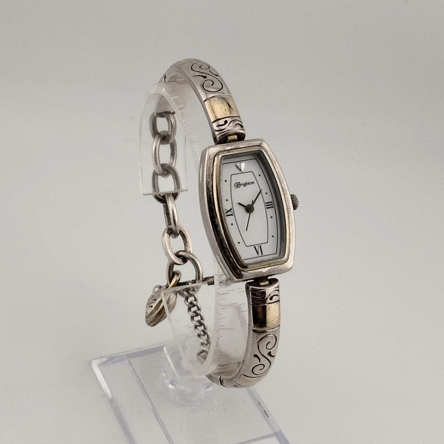 Brighton Women's Silver Tone Watch, White Oval Dial with Flat Sides, Link Strap