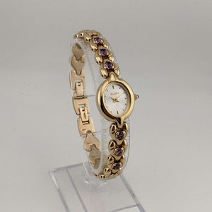 Elgin Women's Gold Tone Watch, Oval Dial, Purple Stone Details, Link Strap