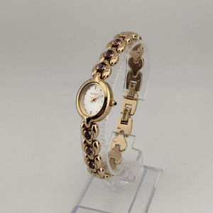 Elgin Women's Gold Tone Watch, Oval Dial, Purple Stone Details, Link Strap