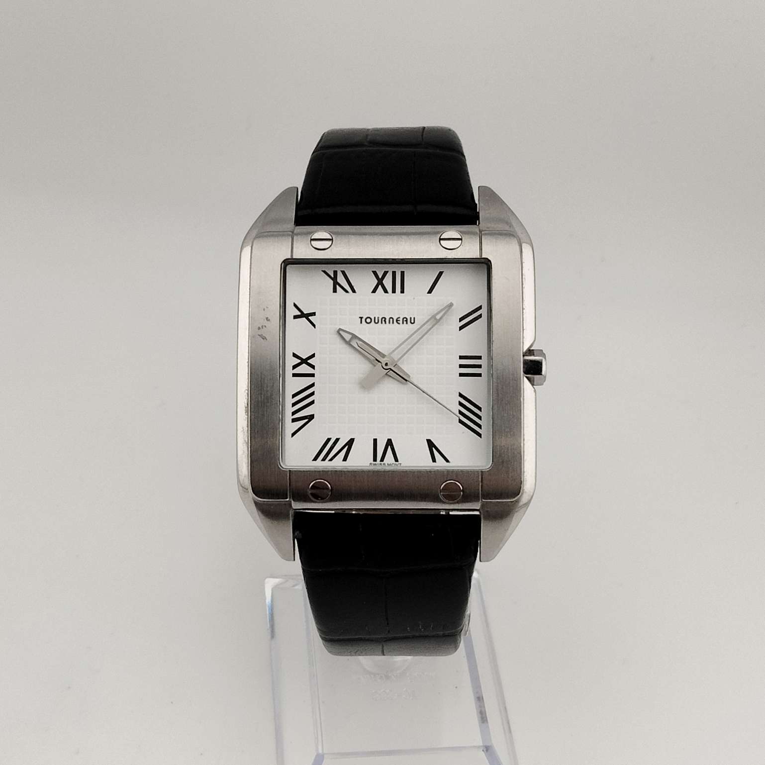 Tourneau Men's Large Silver Tone Watch, White Square Dial, Black Genuine Leather Strap