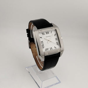 Tourneau Men's Large Silver Tone Watch, White Square Dial, Black Genuine Leather Strap