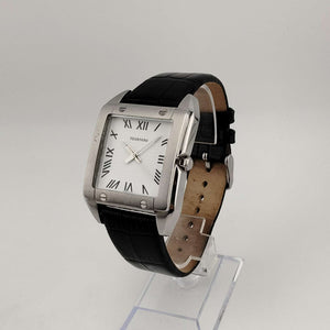 Tourneau Men's Large Silver Tone Watch, White Square Dial, Black Genuine Leather Strap