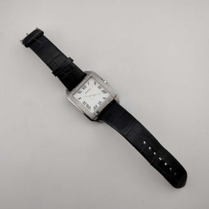 Tourneau Men's Large Silver Tone Watch, White Square Dial, Black Genuine Leather Strap