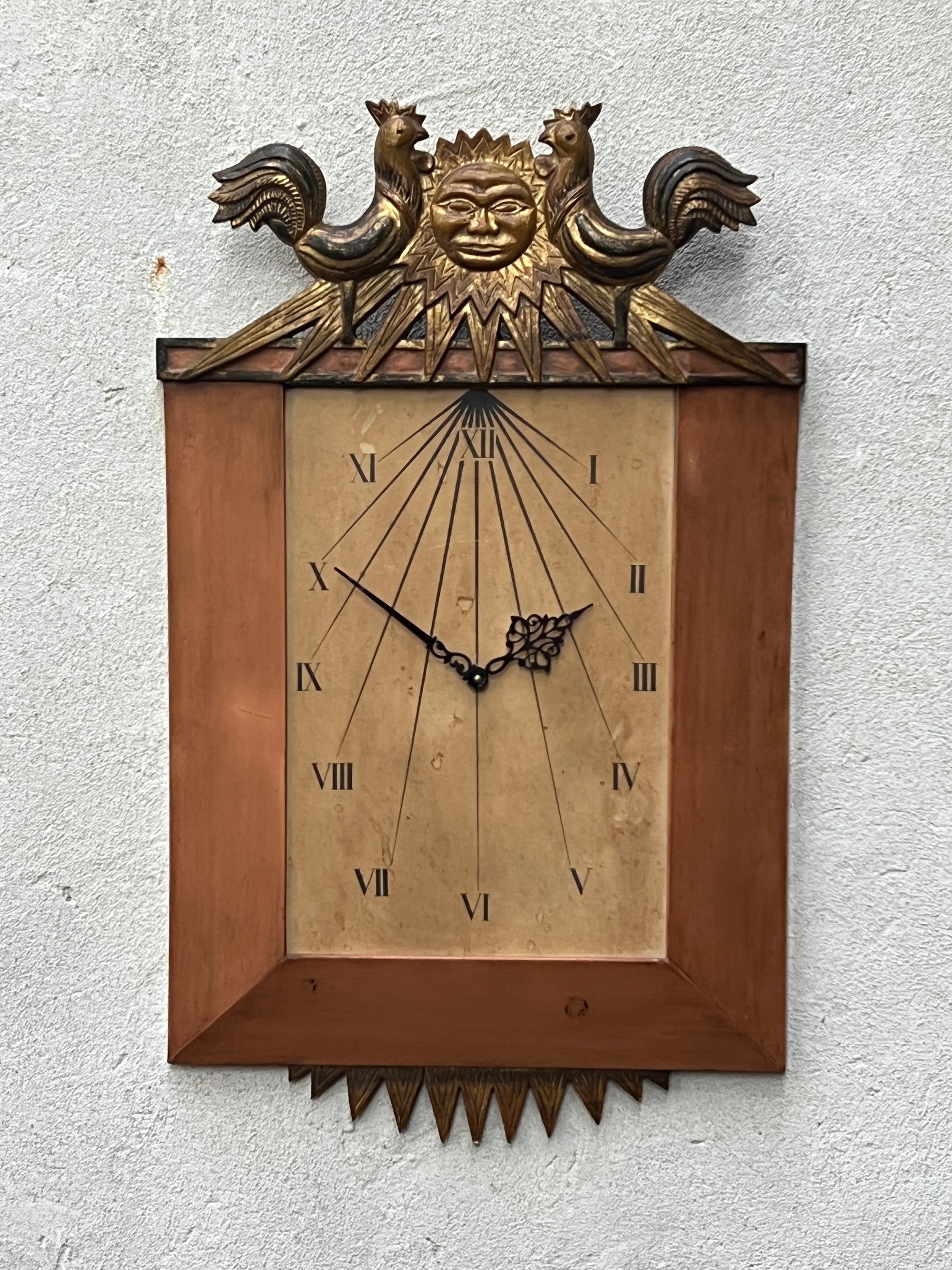 Large Palladio Hand Carved Wood Venetian Italian Wall Clock, with Sun and Chickens