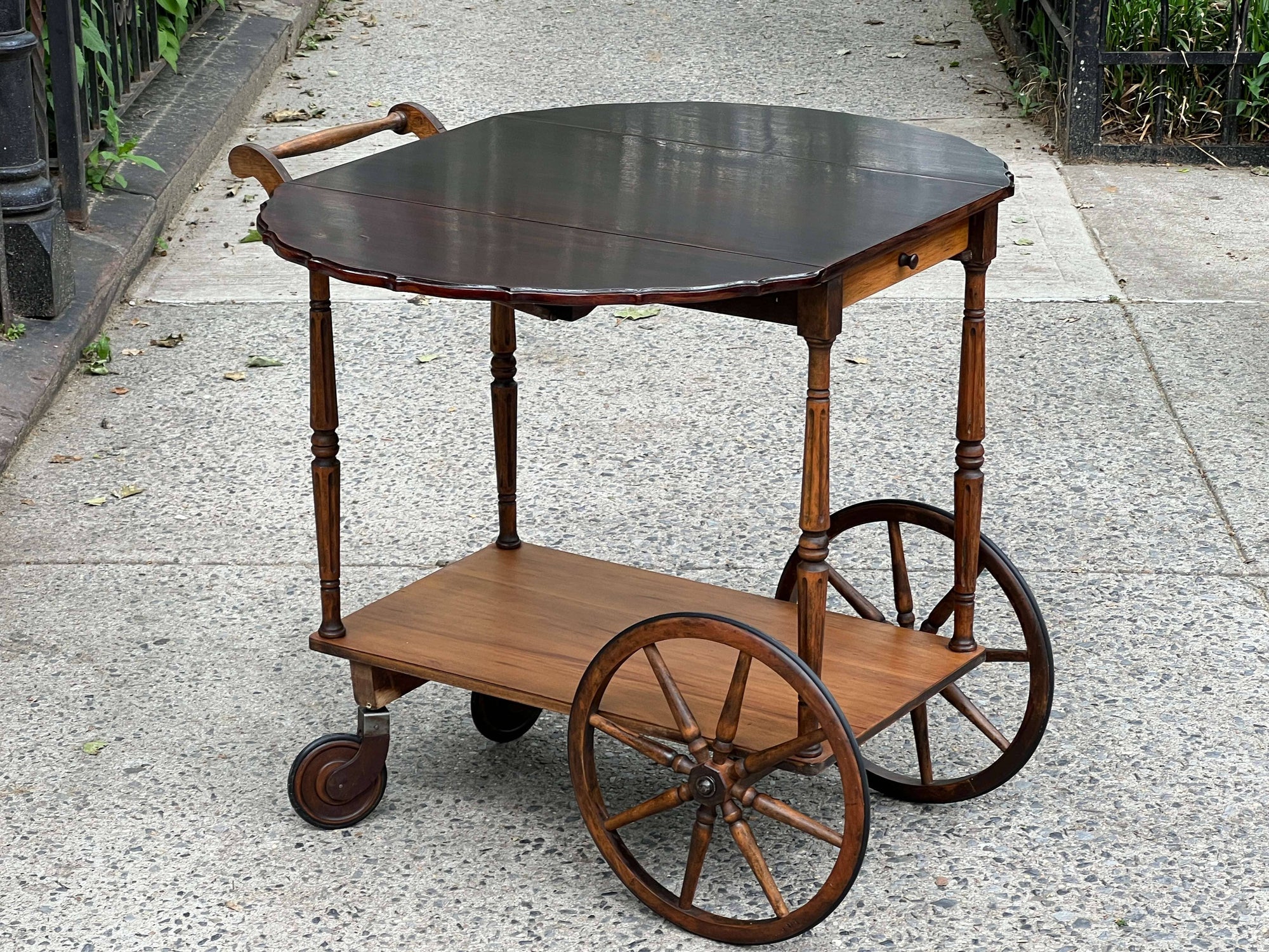 Paalman Drop Handle Wooden Tea Cart, Drop Sides, Wagon Wheels, 100% Restored