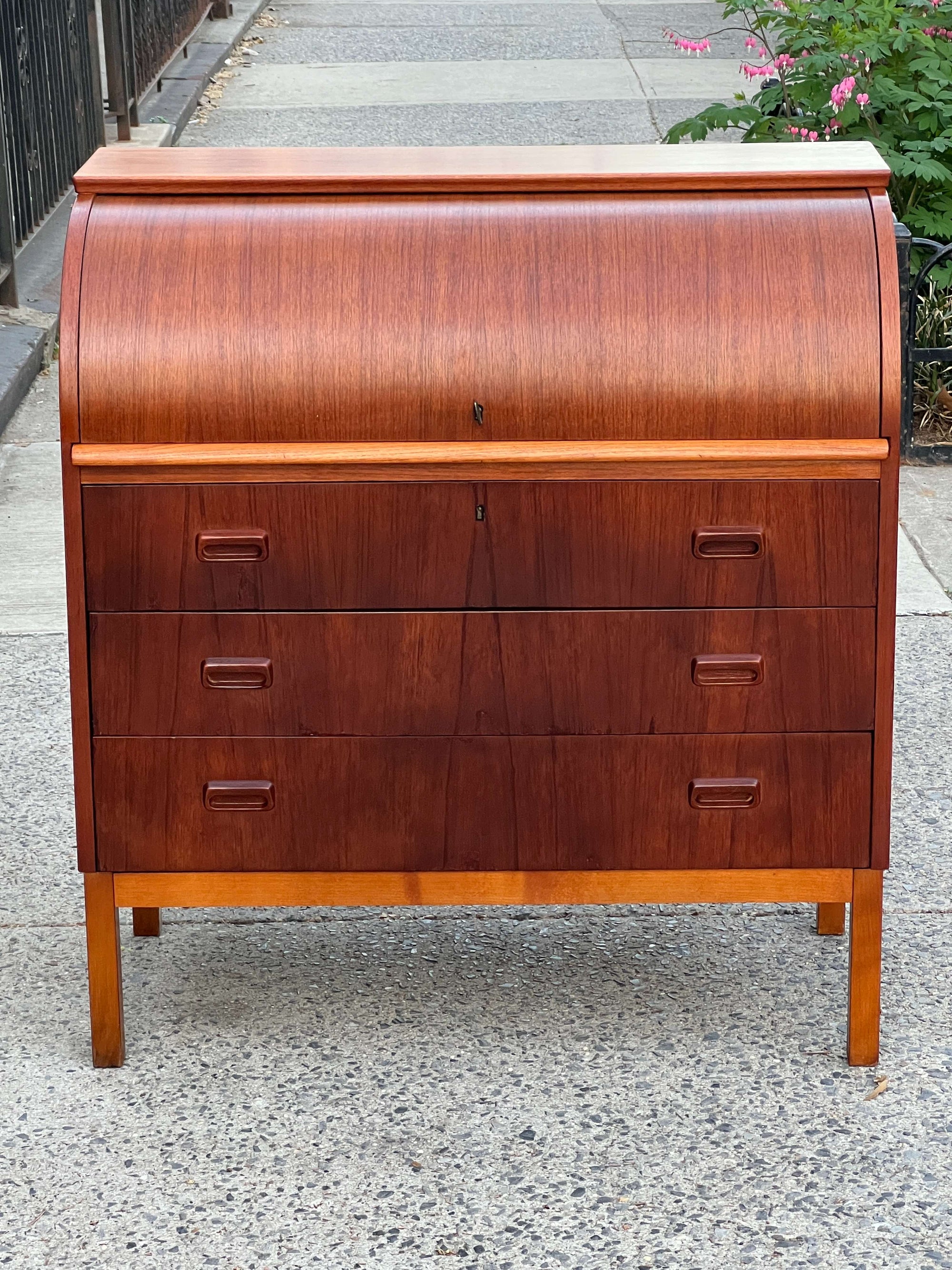 Vintage Restored Teak Roll Top Desk, Compact, Made in Sweden