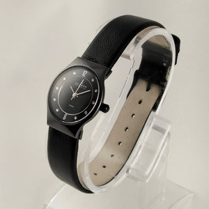 I Like Mikes Mid Century Modern Watches Skagen Women's Ceramic and Stainless Steel Watch, Black Dial with Jewel Hour Markers, Black Genuine Leather Strap