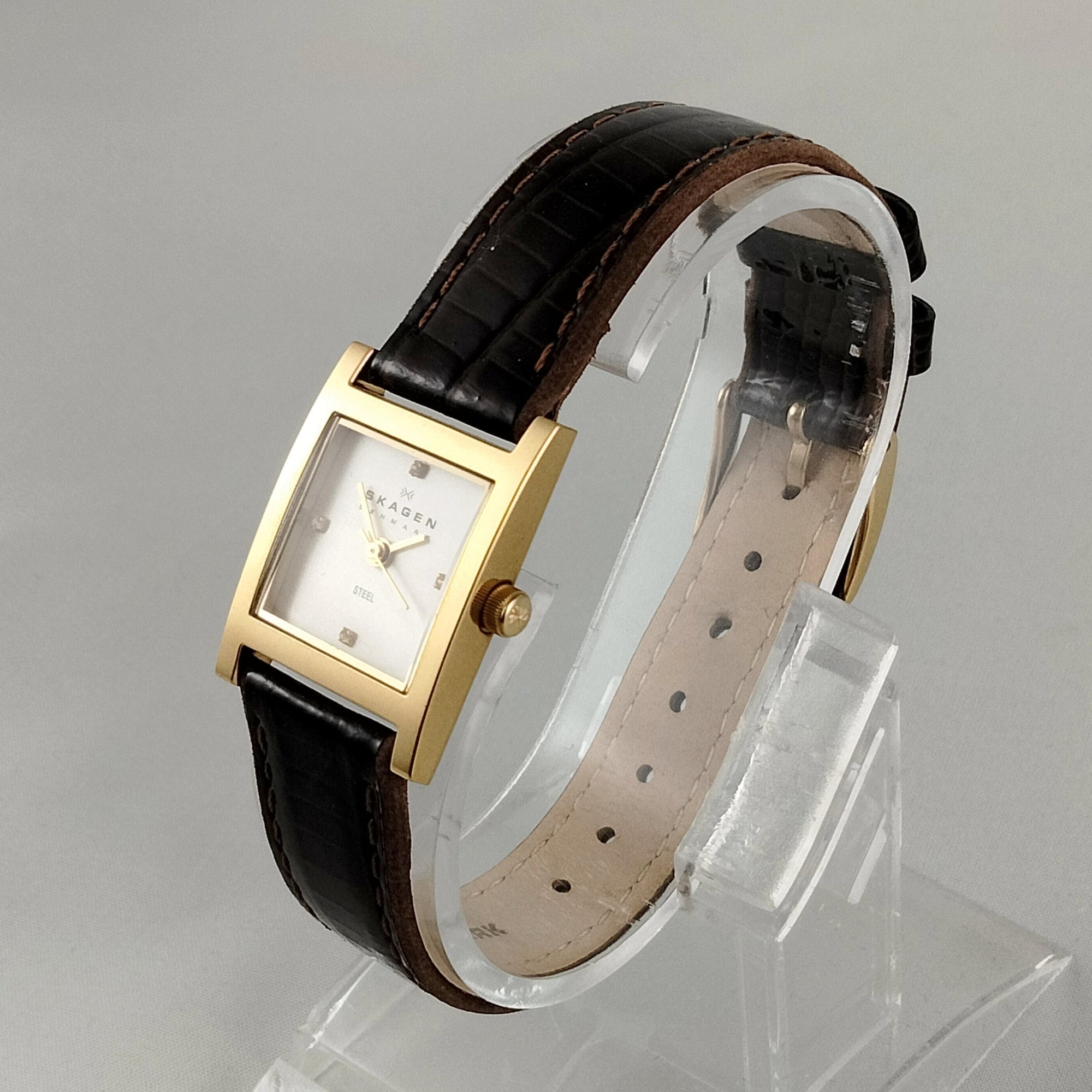 I Like Mikes Mid Century Modern Watches Skagen Women's Stainless Steel Gold Tone Square Watch, White Dial, Brown Patent Leather Strap