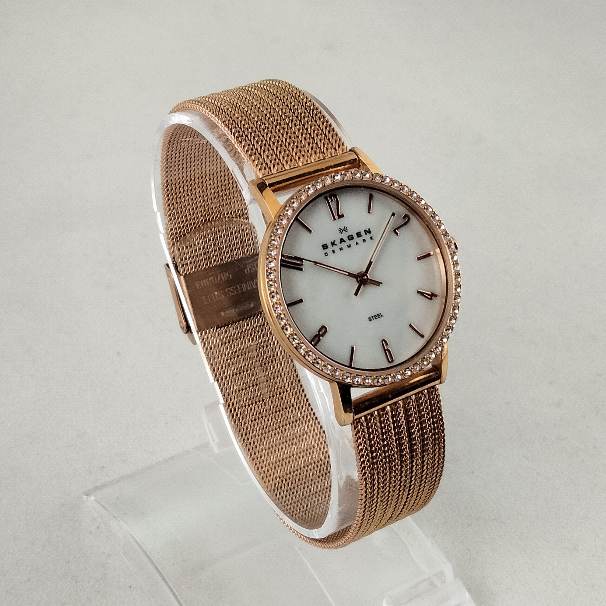 I Like Mikes Mid Century Modern Watches Skagen Women's Stainless Steel Gold Tone Watch, White Mother of Pearl Dial, Jewel Details, Gold Tone Mesh Strap