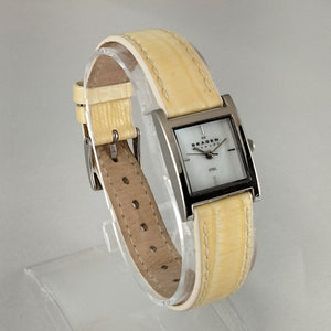 I Like Mikes Mid Century Modern Watches Skagen Women's Stainless Steel Square Watch, Mother of Pearl Dial, Yellow Leather Strap