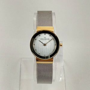 I Like Mikes Mid Century Modern Watches Skagen Women's Stainless Steel Watch, Jewel Hour Markers, Gold Tone Face Frame, Mesh Strap