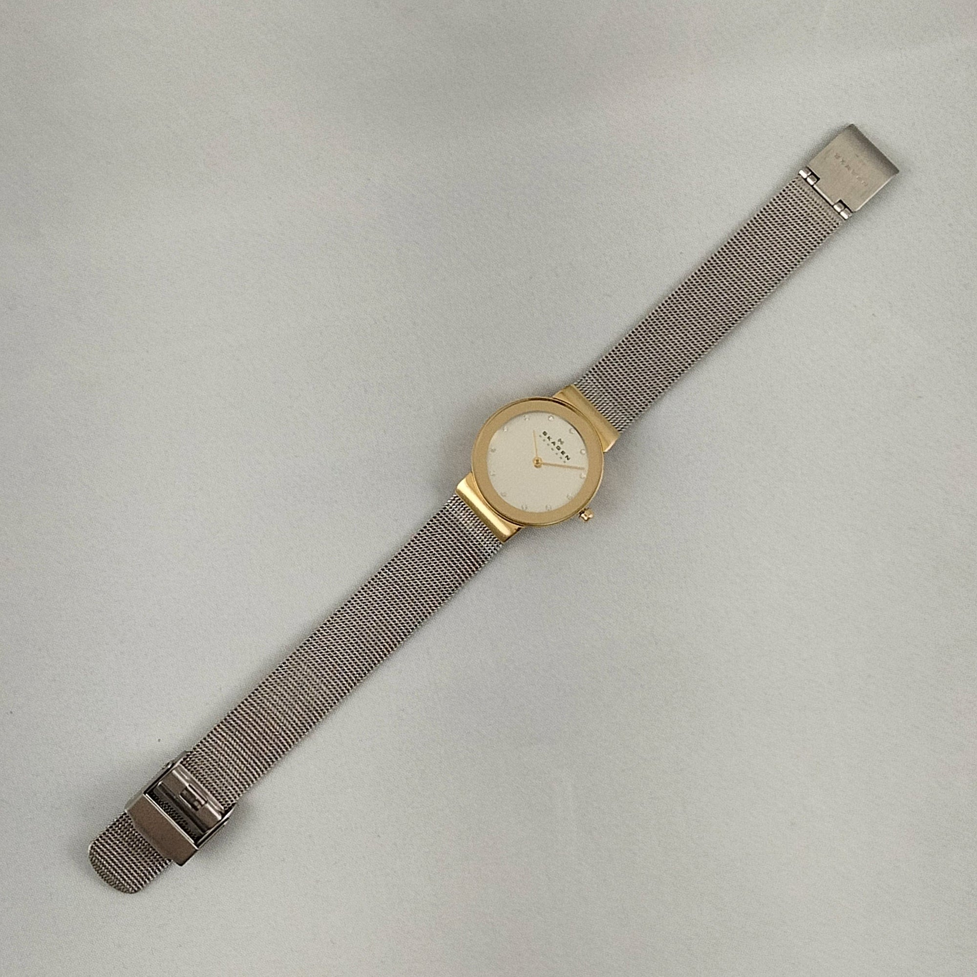 I Like Mikes Mid Century Modern Watches Skagen Women's Stainless Steel Watch, Jewel Hour Markers, Gold Tone Face Frame, Mesh Strap