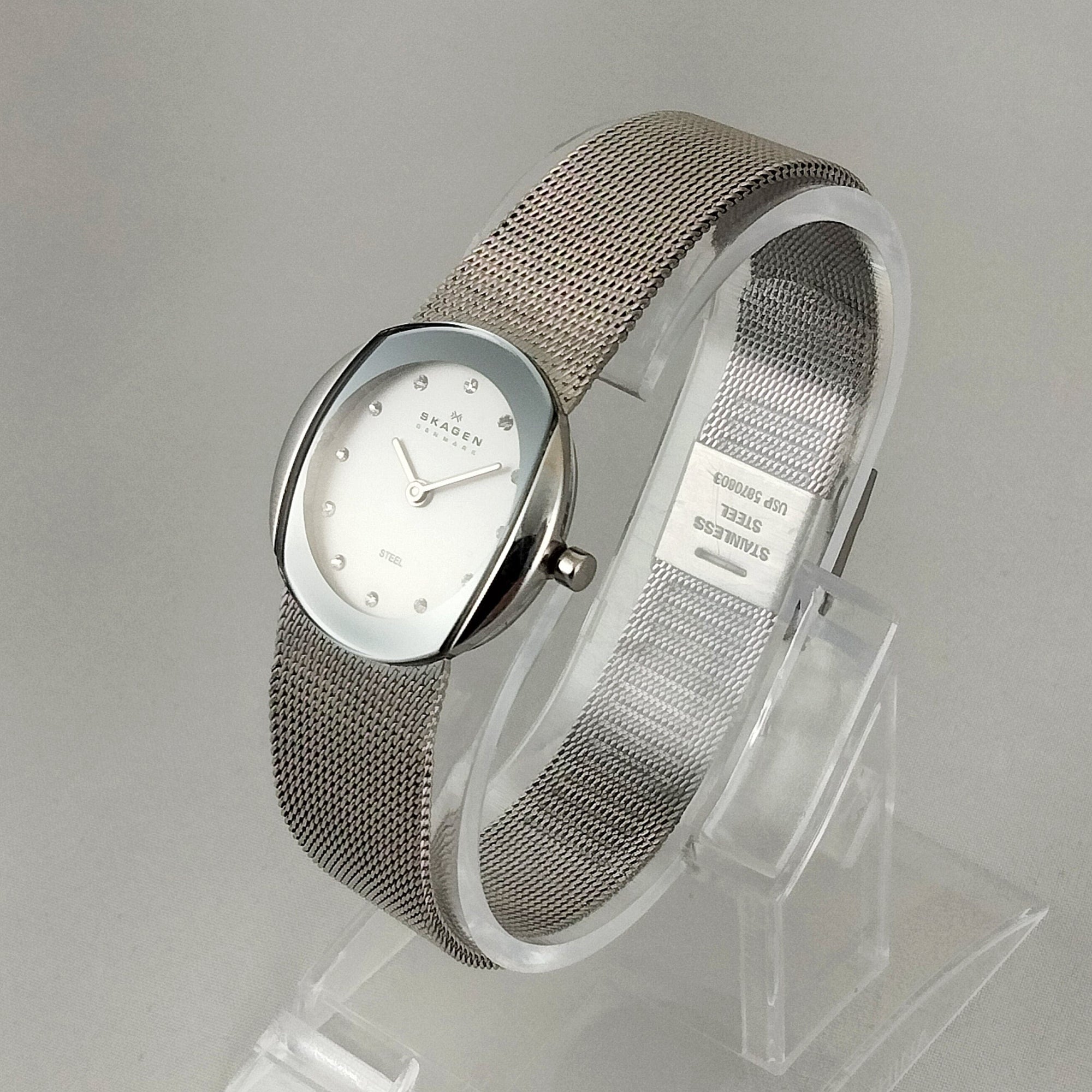 I Like Mikes Mid Century Modern Watches Skagen Women's Stainless Steel Watch, White Dial, Jewel Hour Markers, Mesh Strap